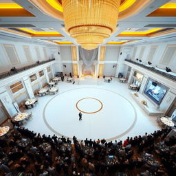 A luxurious wedding hall featuring a spacious layout measuring 24 meters in width, 16 meters in length, and a 5-meter high ceiling