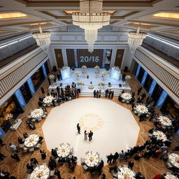 A luxurious wedding hall featuring a spacious layout measuring 24 meters in width, 16 meters in length, and a 5-meter high ceiling