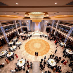 A luxurious wedding hall featuring a spacious layout measuring 24 meters in width, 16 meters in length, and a 5-meter high ceiling