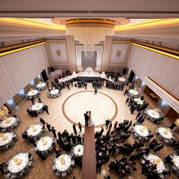 A luxurious wedding hall featuring a spacious layout measuring 24 meters in width, 16 meters in length, and a 5-meter high ceiling