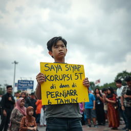 An expressive scene featuring a person holding a sign that reads "Saya Siyap Korupsi 5T dan di Penjara 6 Tahun"