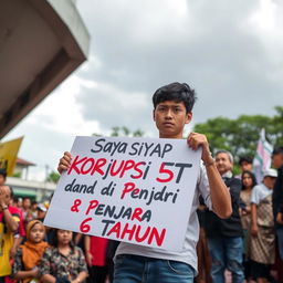 An expressive scene featuring a person holding a sign that reads "Saya Siyap Korupsi 5T dan di Penjara 6 Tahun"