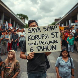 An expressive scene featuring a person holding a sign that reads "Saya Siyap Korupsi 5T dan di Penjara 6 Tahun"