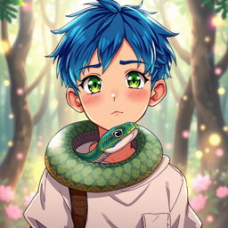 A striking anime-style illustration of a young boy with vibrant blue hair and bright green eyes, featuring a snake gently crawling around his neck