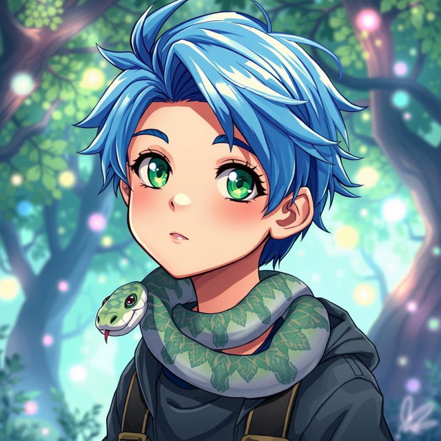 A striking anime-style illustration of a young boy with vibrant blue hair and bright green eyes, featuring a snake gently crawling around his neck