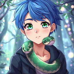 A striking anime-style illustration of a young boy with vibrant blue hair and bright green eyes, featuring a snake gently crawling around his neck