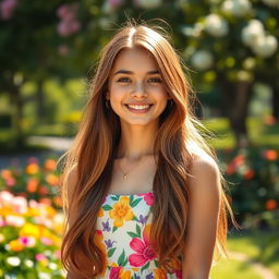 A beautiful young woman with long flowing hair, gracefully smiling, wearing a bright summer dress in a vibrant floral pattern