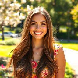 A beautiful young woman with long flowing hair, gracefully smiling, wearing a bright summer dress in a vibrant floral pattern