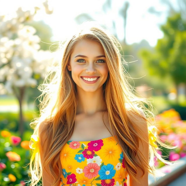 A beautiful young woman with long flowing hair, gracefully smiling, wearing a bright summer dress in a vibrant floral pattern