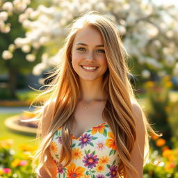 A beautiful young woman with long flowing hair, gracefully smiling, wearing a bright summer dress in a vibrant floral pattern