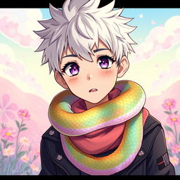 A captivating anime-style illustration of a young boy with spiky silver hair and striking violet eyes, featuring a snake gracefully coiling around his neck