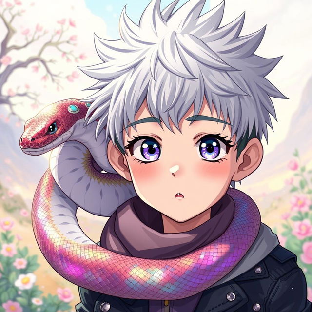 A captivating anime-style illustration of a young boy with spiky silver hair and striking violet eyes, featuring a snake gracefully coiling around his neck