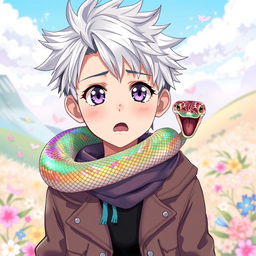 A captivating anime-style illustration of a young boy with spiky silver hair and striking violet eyes, featuring a snake gracefully coiling around his neck