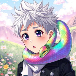 A captivating anime-style illustration of a young boy with spiky silver hair and striking violet eyes, featuring a snake gracefully coiling around his neck