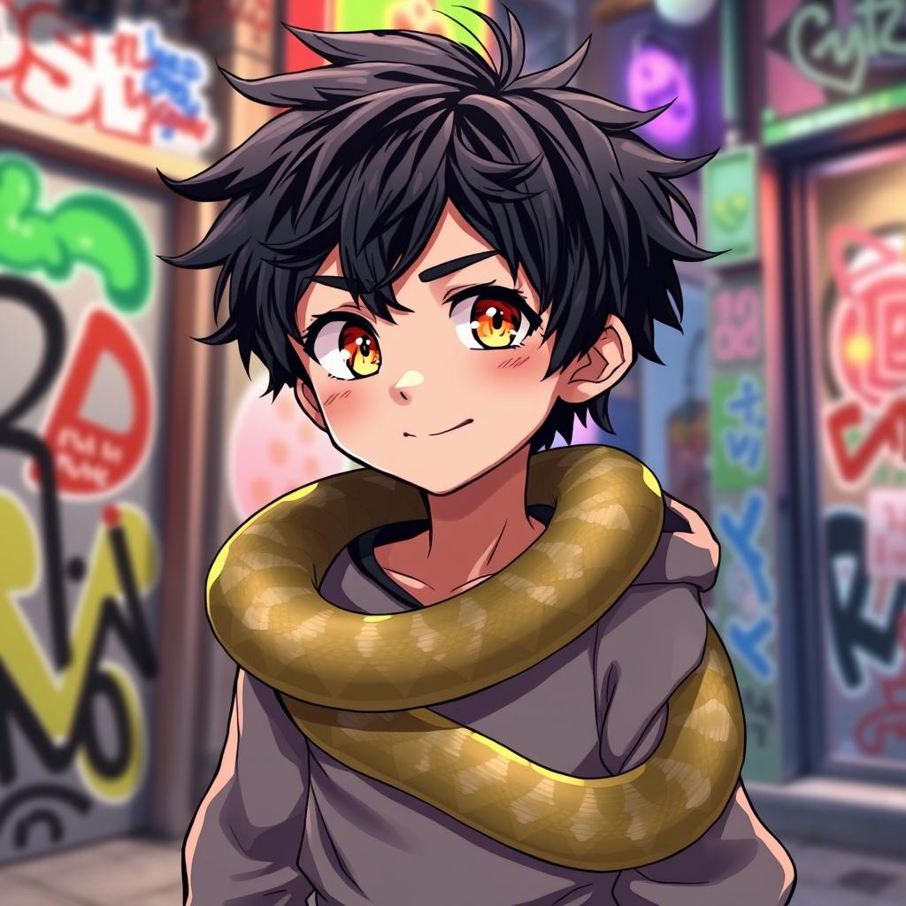 An engaging anime-style illustration of a young boy with tousled black hair and bright amber eyes, featuring a snake elegantly coiling around his neck