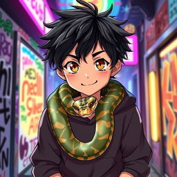 An engaging anime-style illustration of a young boy with tousled black hair and bright amber eyes, featuring a snake elegantly coiling around his neck