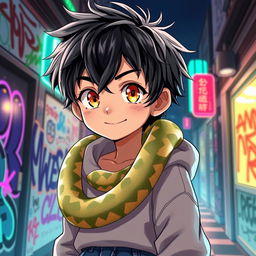 An engaging anime-style illustration of a young boy with tousled black hair and bright amber eyes, featuring a snake elegantly coiling around his neck