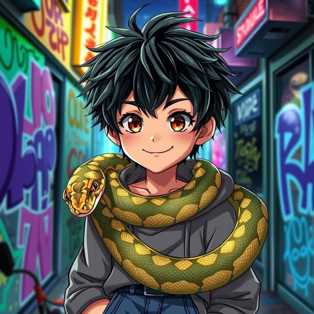 An engaging anime-style illustration of a young boy with tousled black hair and bright amber eyes, featuring a snake elegantly coiling around his neck