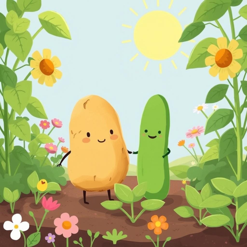 In a sunny morning garden, a cute potato and a cute cucumber stand happily amidst the lush green plants