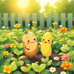 In a sunny morning garden, a cute potato and a cute cucumber stand happily amidst the lush green plants