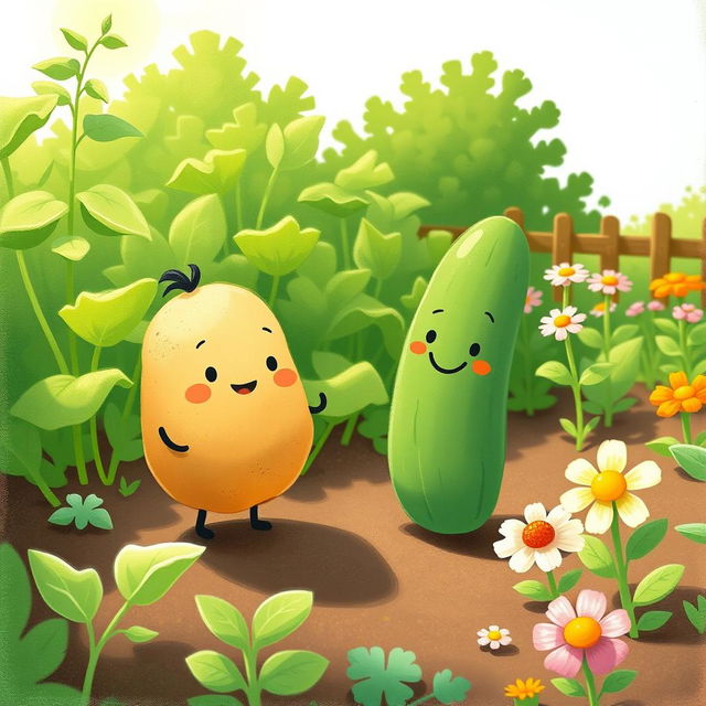 In a sunny morning garden, a cute potato and a cute cucumber stand happily amidst the lush green plants