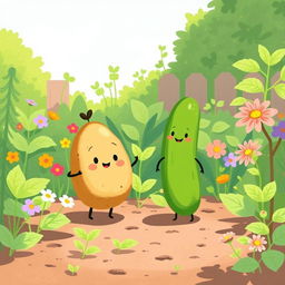 In a sunny morning garden, a cute potato and a cute cucumber stand happily amidst the lush green plants