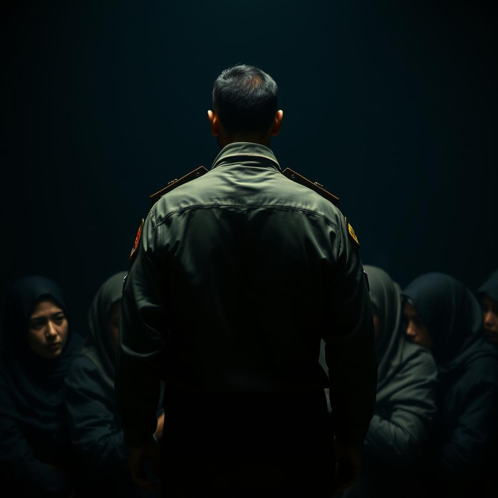 A scene depicting an Iranian man in military uniform viewed from behind, standing protectively over a group of several young women huddled close together in a somewhat dark and dreary environment