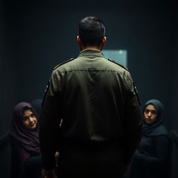 A scene depicting an Iranian man in military uniform viewed from behind, standing protectively over a group of several young women huddled close together in a somewhat dark and dreary environment