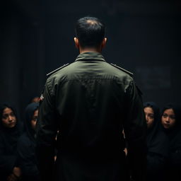 A scene depicting an Iranian man in military uniform viewed from behind, standing protectively over a group of several young women huddled close together in a somewhat dark and dreary environment