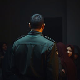 A scene depicting an Iranian man in military uniform viewed from behind, standing protectively over a group of several young women huddled close together in a somewhat dark and dreary environment