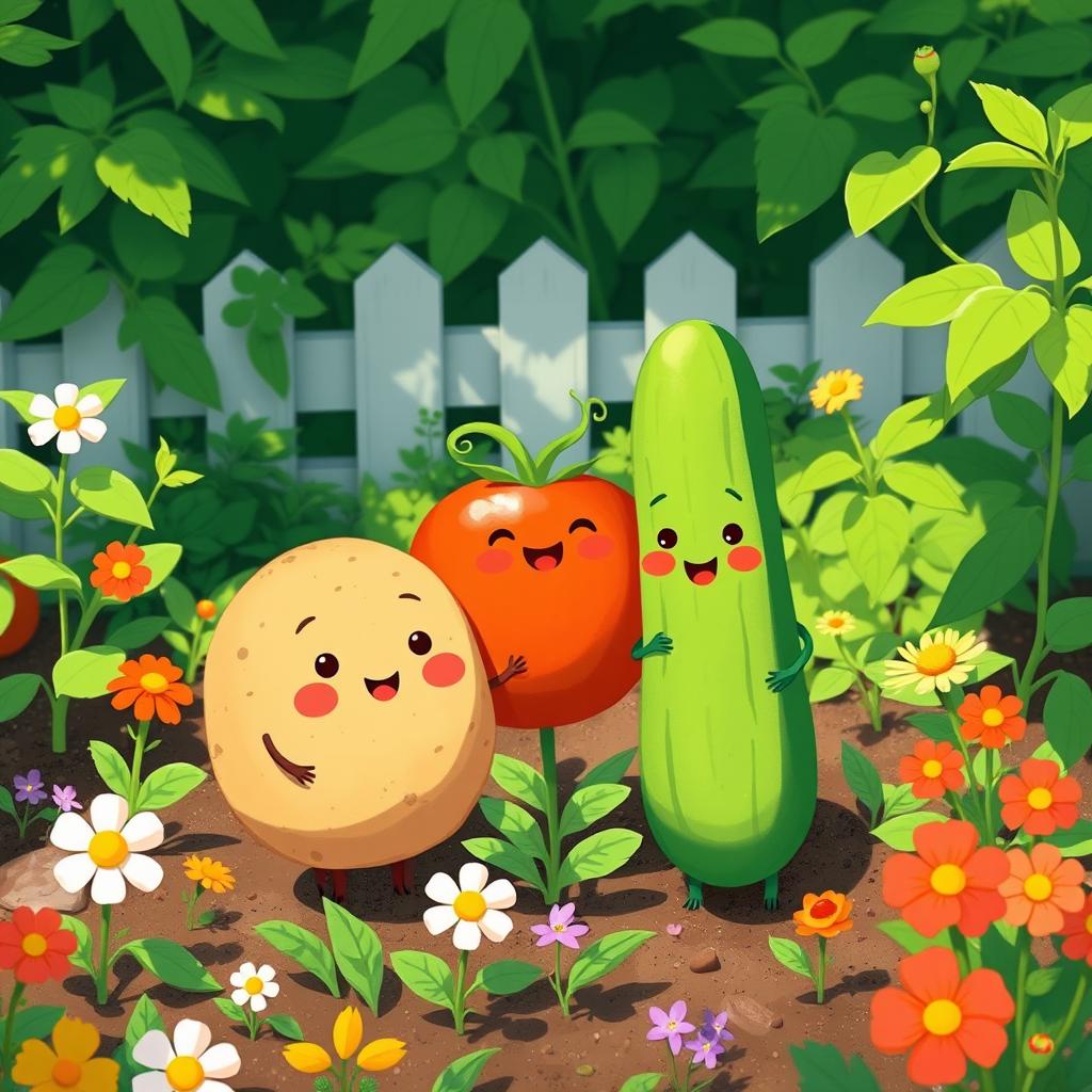 In a sunny morning garden, a cute potato, a cute tomato, and a cute cucumber stand happily together among the vibrant greenery