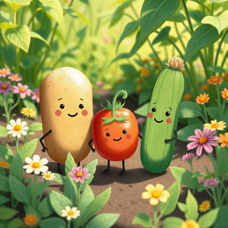 In a sunny morning garden, a cute potato, a cute tomato, and a cute cucumber stand happily together among the vibrant greenery