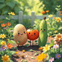 In a sunny morning garden, a cute potato, a cute tomato, and a cute cucumber stand happily together among the vibrant greenery