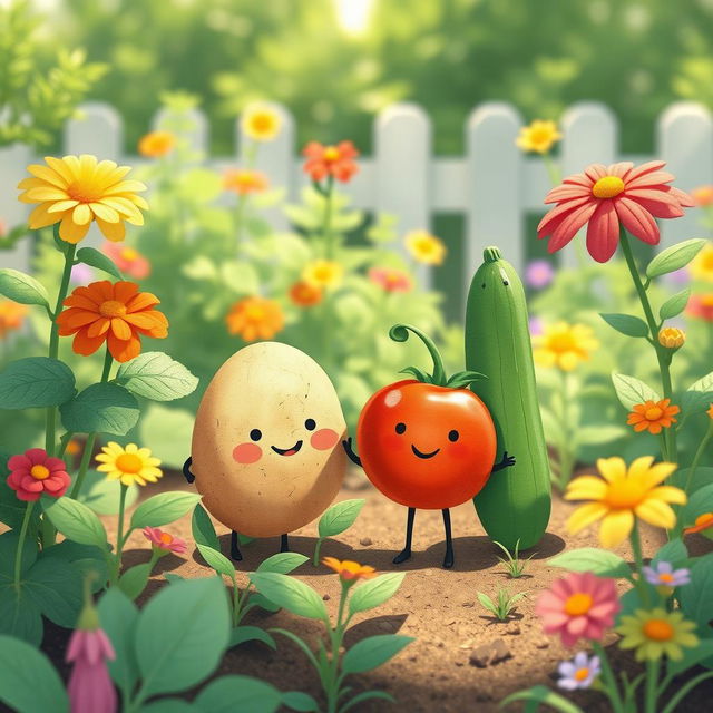 In a sunny morning garden, a cute potato, a cute tomato, and a cute cucumber stand happily together among the vibrant greenery