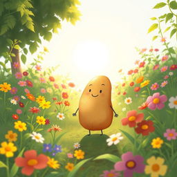 In the bright morning sunlight, a cute potato stands happily in a lush garden filled with vibrant plants