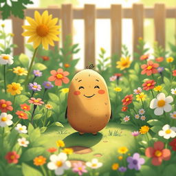 In the bright morning sunlight, a cute potato stands happily in a lush garden filled with vibrant plants