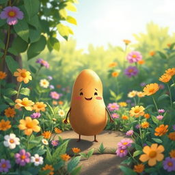 In the bright morning sunlight, a cute potato stands happily in a lush garden filled with vibrant plants