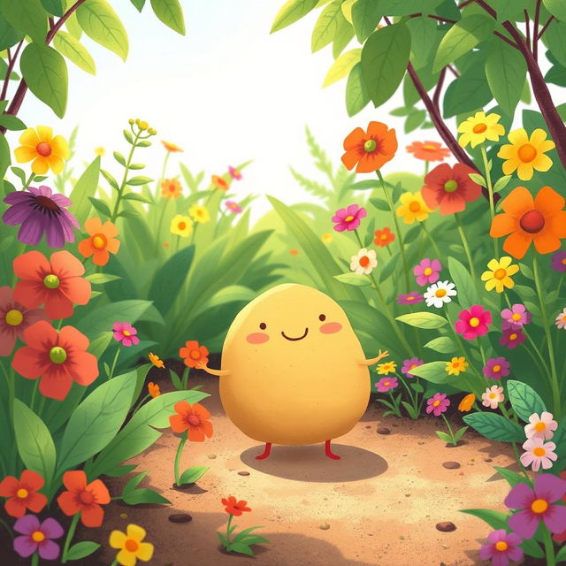 In the bright morning sunlight, a cute potato stands happily in a lush garden filled with vibrant plants