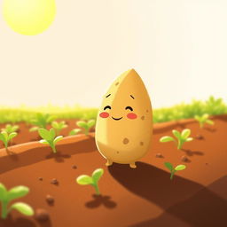 In a bright morning, under the warm sunlight, a cute potato stands contentedly in a green vegetable patch