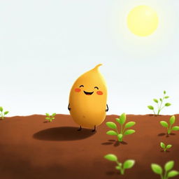 In a bright morning, under the warm sunlight, a cute potato stands contentedly in a green vegetable patch
