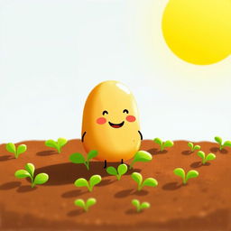 In a bright morning, under the warm sunlight, a cute potato stands contentedly in a green vegetable patch