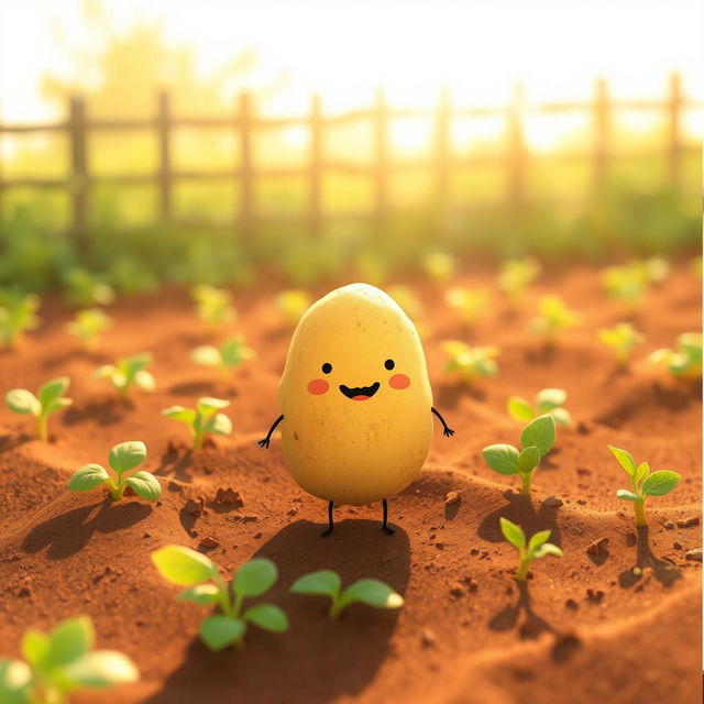 In a bright morning, under the warm sunlight, a cute potato stands contentedly in a green vegetable patch