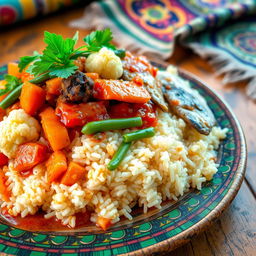A vibrant, close-up image of a traditional Senegalese Thieboudienne dish, showcasing the beautifully arranged rice topped with a medley of colorful and fresh vegetables like carrots, cauliflower, and green beans, accompanied by a selection of fish such as red snapper