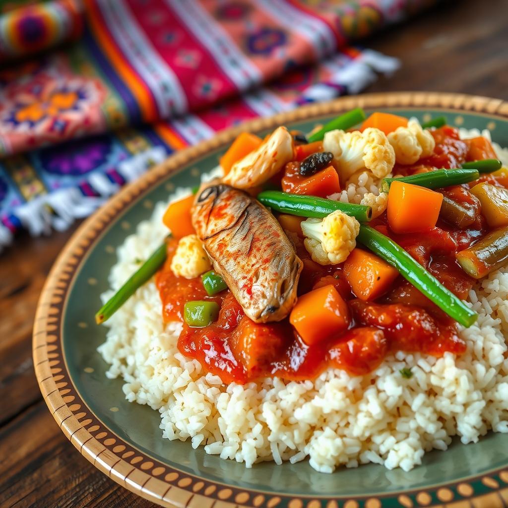 A vibrant, close-up image of a traditional Senegalese Thieboudienne dish, showcasing the beautifully arranged rice topped with a medley of colorful and fresh vegetables like carrots, cauliflower, and green beans, accompanied by a selection of fish such as red snapper