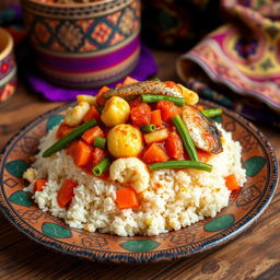 A vibrant, close-up image of a traditional Senegalese Thieboudienne dish, showcasing the beautifully arranged rice topped with a medley of colorful and fresh vegetables like carrots, cauliflower, and green beans, accompanied by a selection of fish such as red snapper