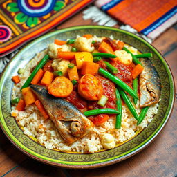 A vibrant, close-up image of a traditional Senegalese Thieboudienne dish, showcasing the beautifully arranged rice topped with a medley of colorful and fresh vegetables like carrots, cauliflower, and green beans, accompanied by a selection of fish such as red snapper