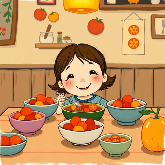 At a cozy dining table, a cute little girl is happily eating a dish made with tomatoes, illustrated in the whimsical style of Jon Klassen