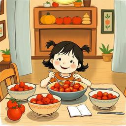 At a cozy dining table, a cute little girl is happily eating a dish made with tomatoes, illustrated in the whimsical style of Jon Klassen