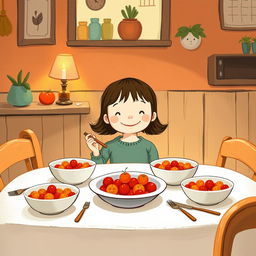 At a cozy dining table, a cute little girl is happily eating a dish made with tomatoes, illustrated in the whimsical style of Jon Klassen
