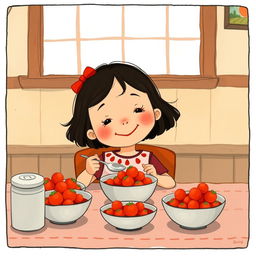 At a cozy dining table, a cute little girl is happily eating a dish made with tomatoes, illustrated in the whimsical style of Jon Klassen
